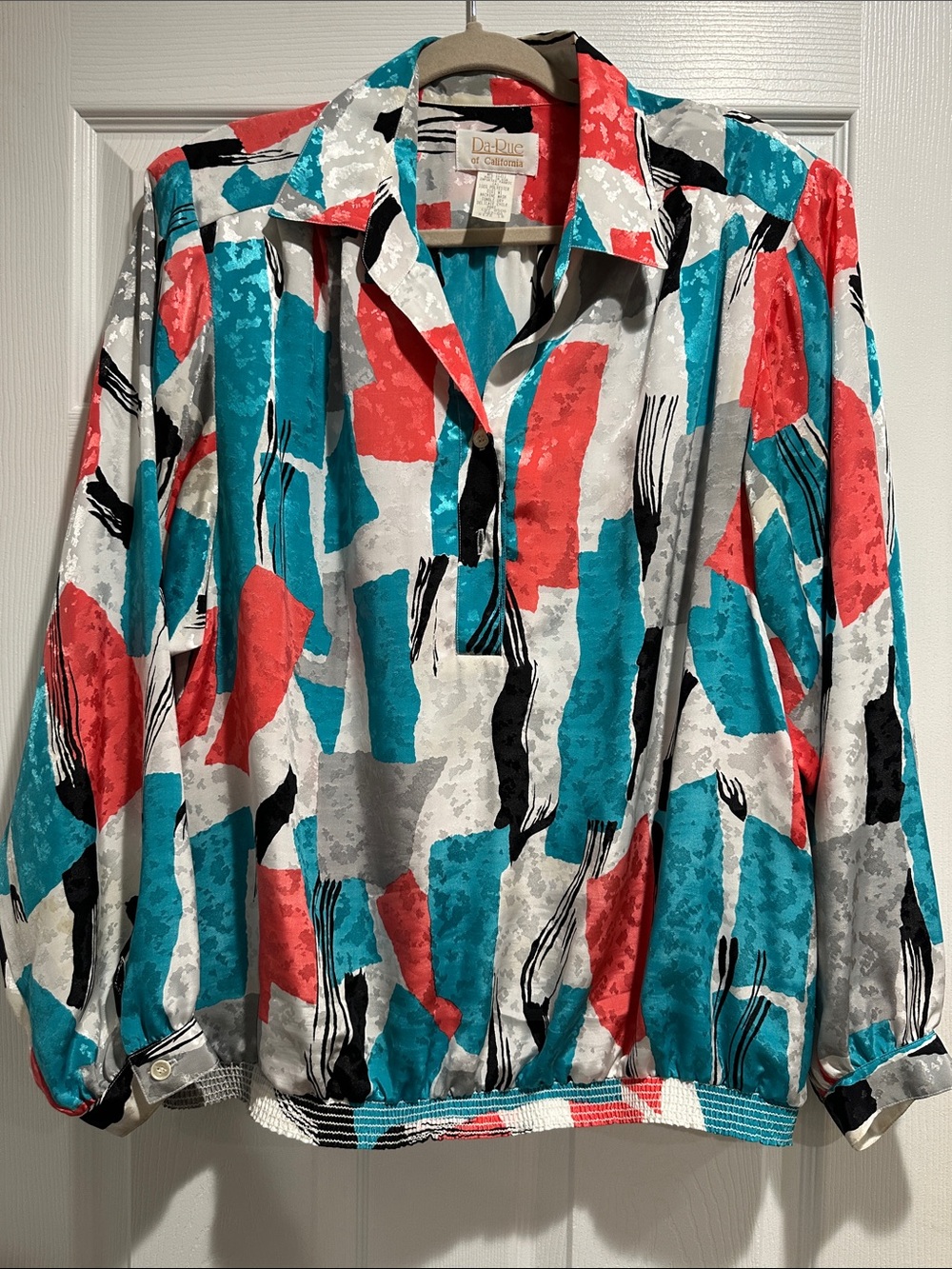 Vintage Da-Rue of California Printed Button-Down Blouse in Teal & Coral